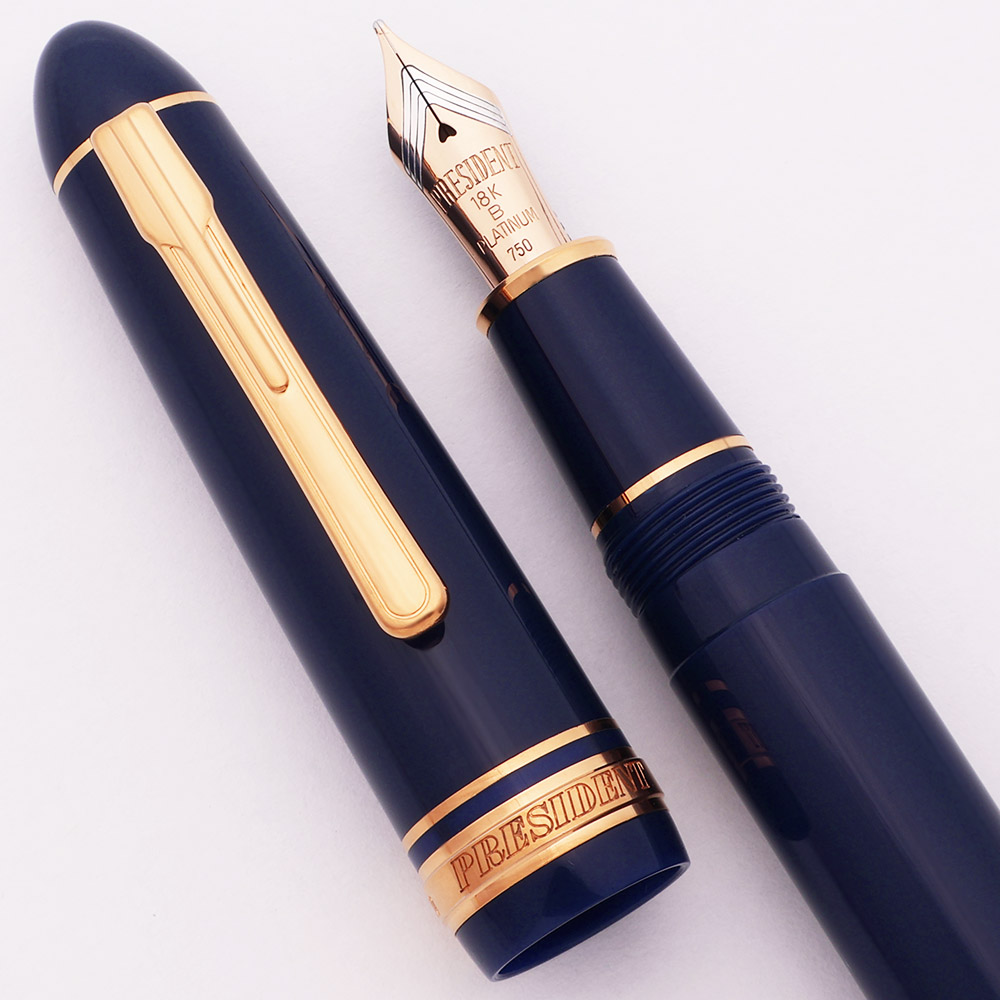 Platinum President Fountain Pen - Dark Blue w Gold Trim, C/C