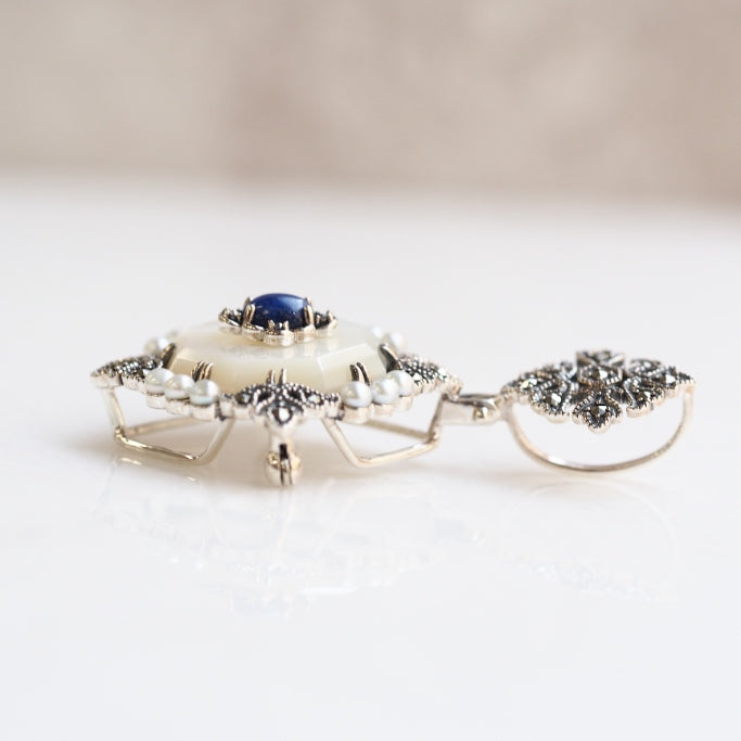 SV ラピスラズリ＆白蝶貝 レースブローチペンダント – 碌山ショップ