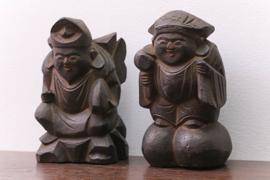 大正時代 特大 大黒様 恵比寿様 陶器製 お面 骨董 縁起物 寺院 恵比寿