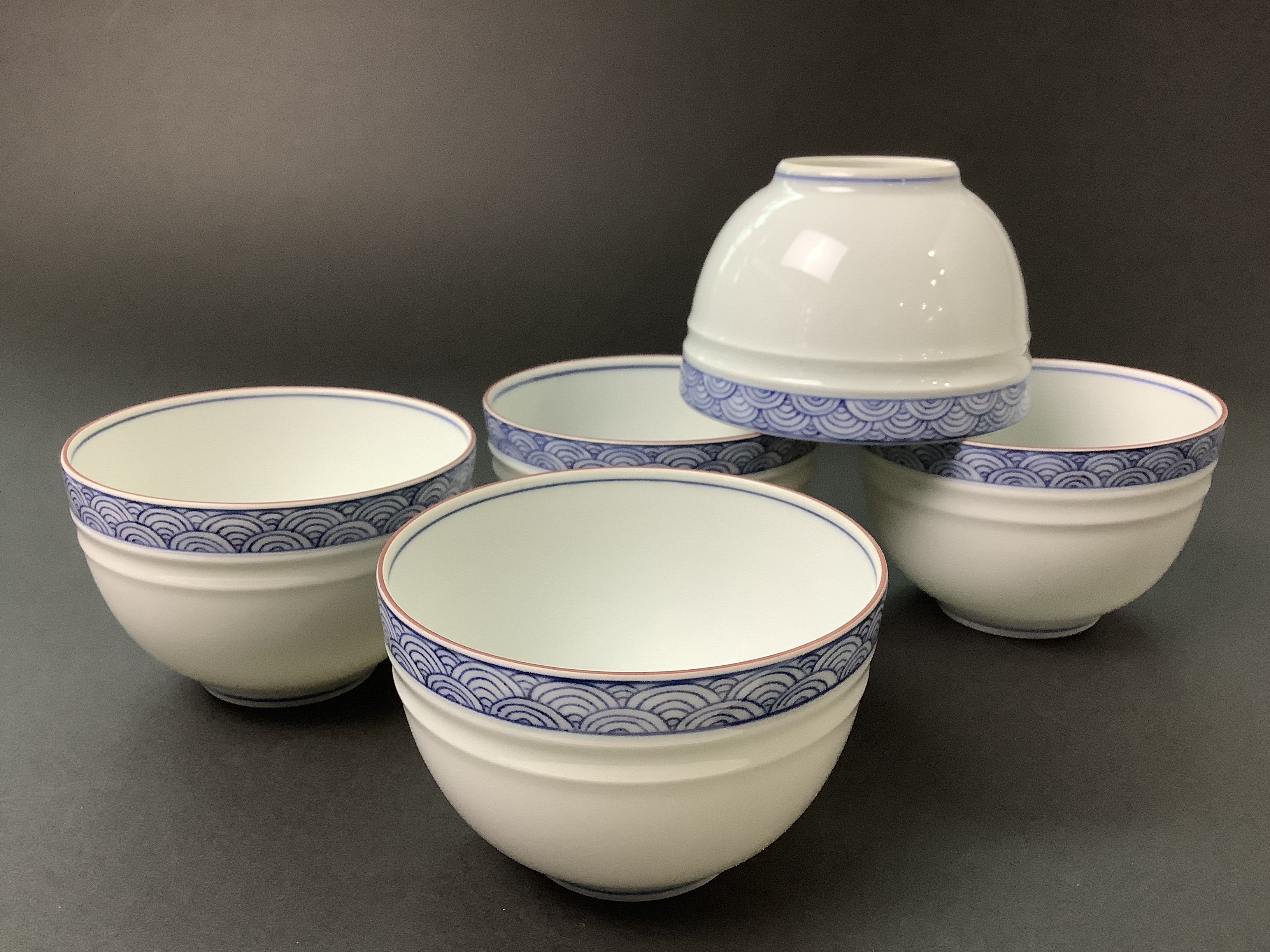 京焼 平安陶工 清山 染付 酒盃 五客 時代箱付 M R4963 京焼 平安陶工