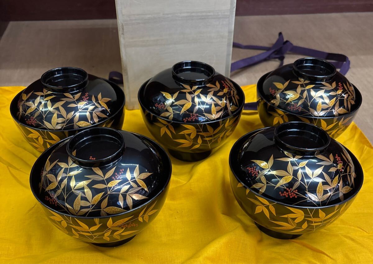 輪島塗 蓋付き吸物椀 10客 共箱 昭和レトロ アンティーク 金彩（管理2