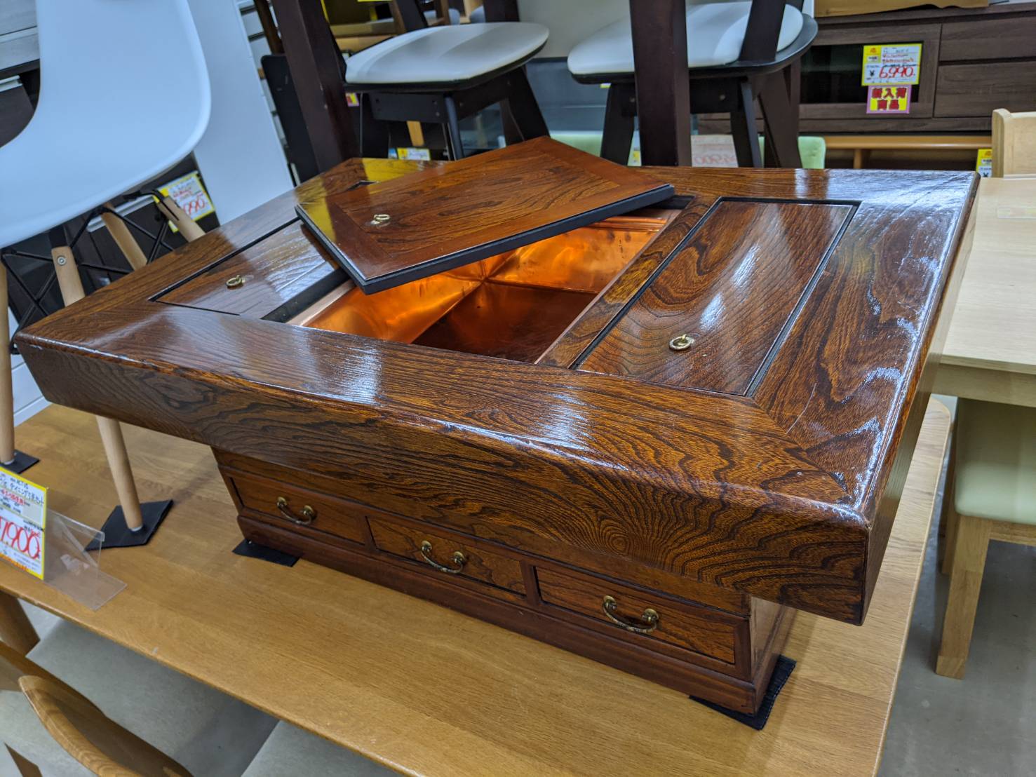 骨董火鉢囲炉裏テーブル セット レトロ ちゃぶ台 鉄五徳木灰付き