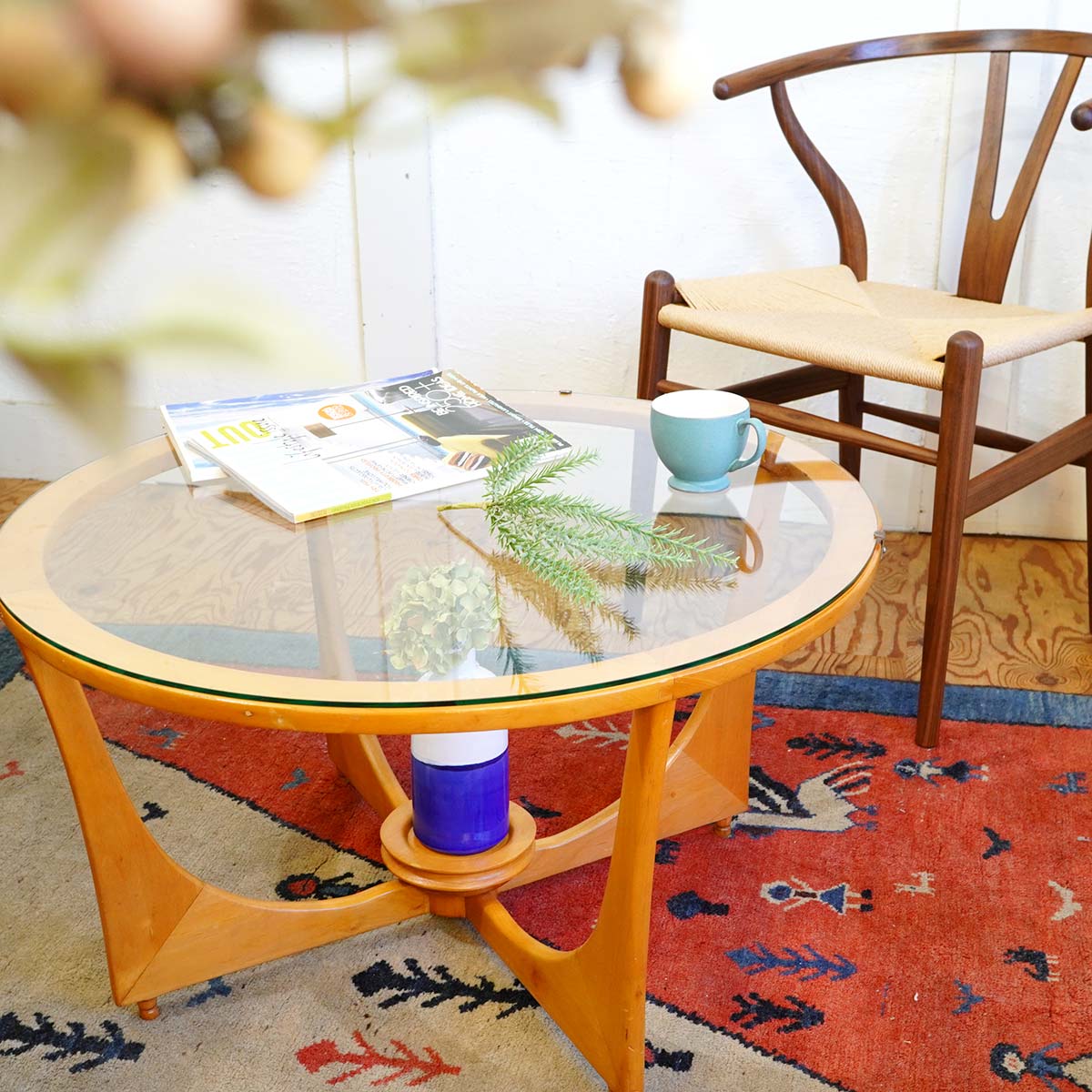 ガラス天板 センターテーブル ラウンドテーブル ヴィンテージ 中古