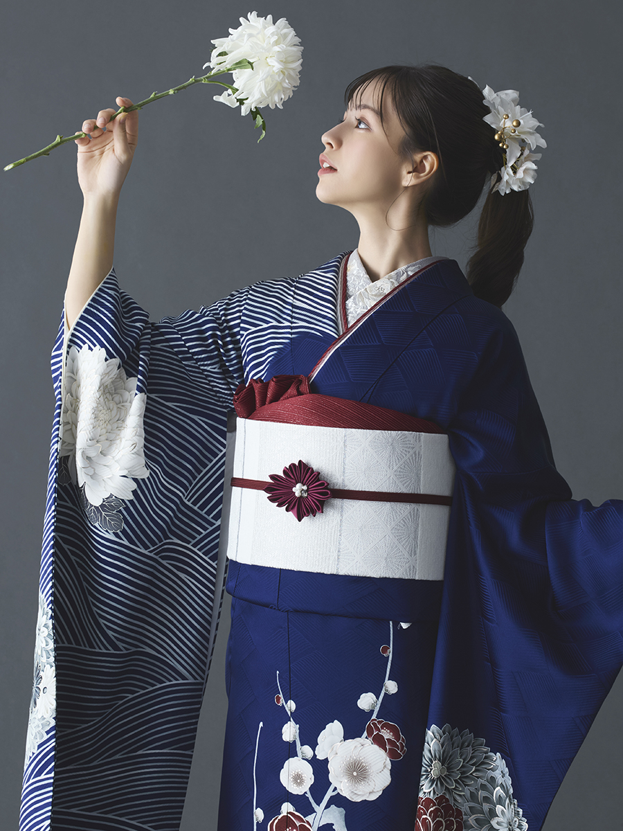 正絹振袖レンタルセット 立梅に波(紺)【和風館ICHI】