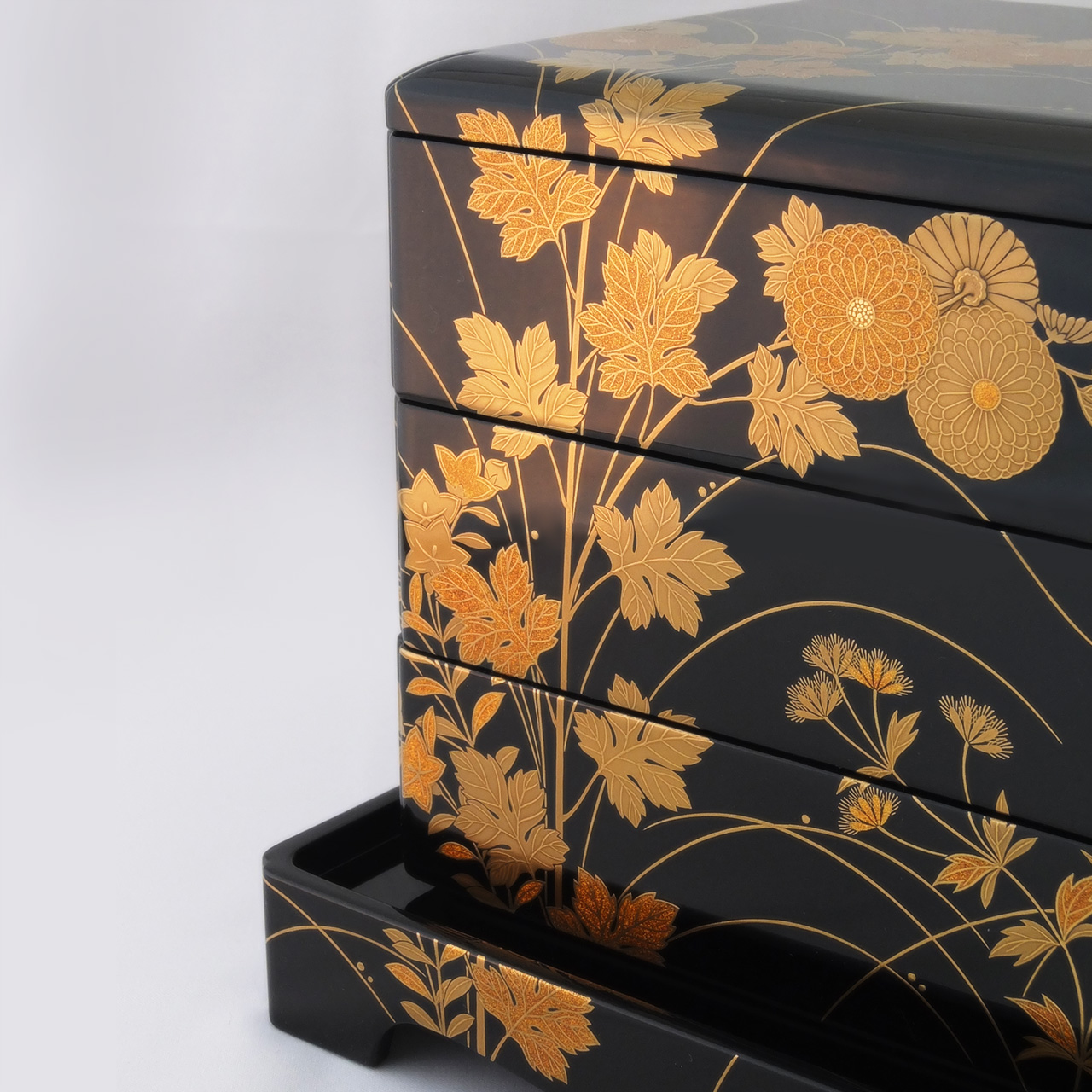 輪島塗重箱五段重 輪島塗 総沈金彫 菊花文尽 五段重 重箱 重台付 : 古