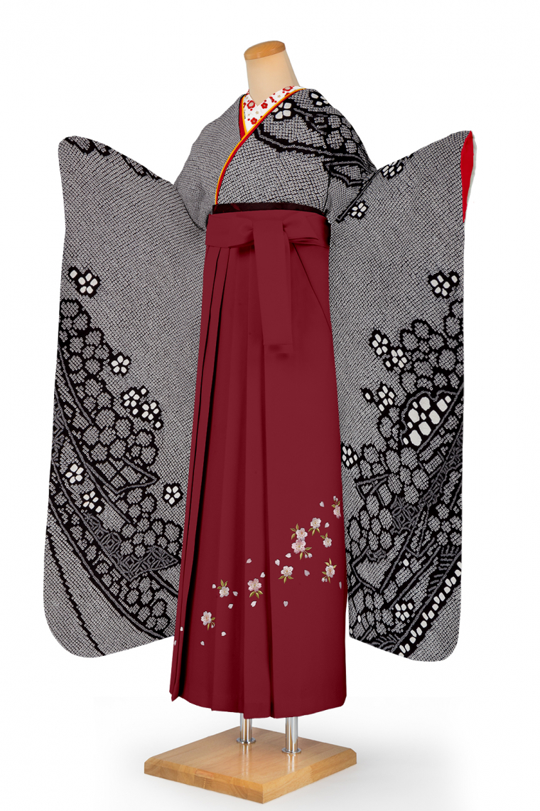 卒業式レンタル 振袖Lサイズ＋袴セット 総絞り：束ね熨斗に桜 黒｜着物