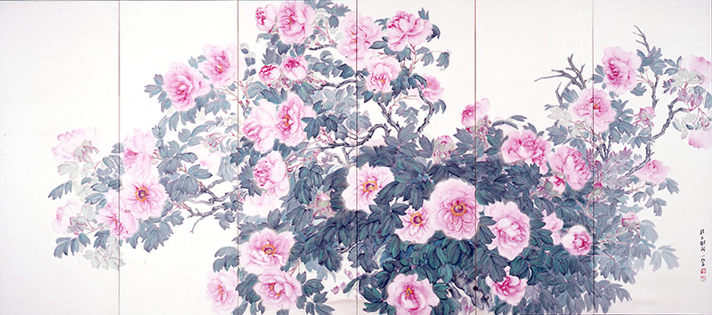 作者名不詳 絹本彩色画 花鳥図【 牡丹の花に蜂図 】 額装仕立て 作者名