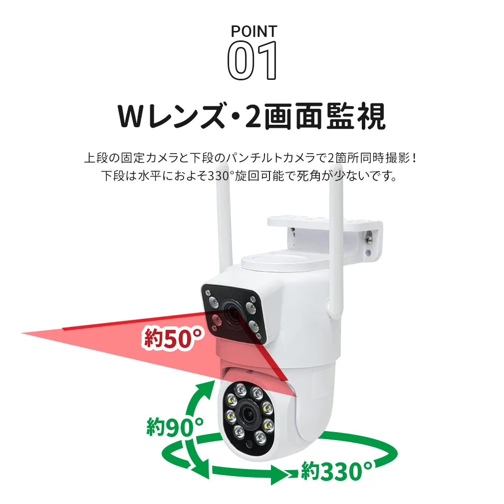 WIFI IP防犯カメラ Wレンズ 360度監視 防犯灯パンチルトカメラ WTW