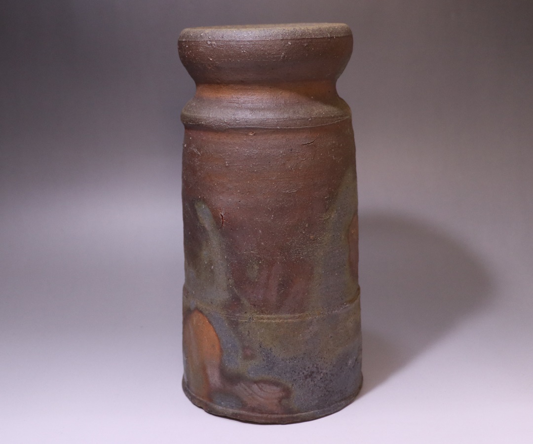 B117 山本雄一造「備前三方花入」共布共箱山本陶秀の長男緋襷岡山