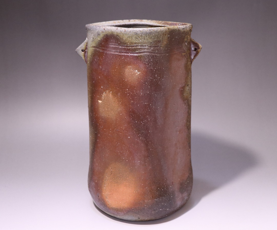 矢部篤郎作 備前焼窯変耳付花入 備前花入 山本陶秀 人間国宝 花器 矢部
