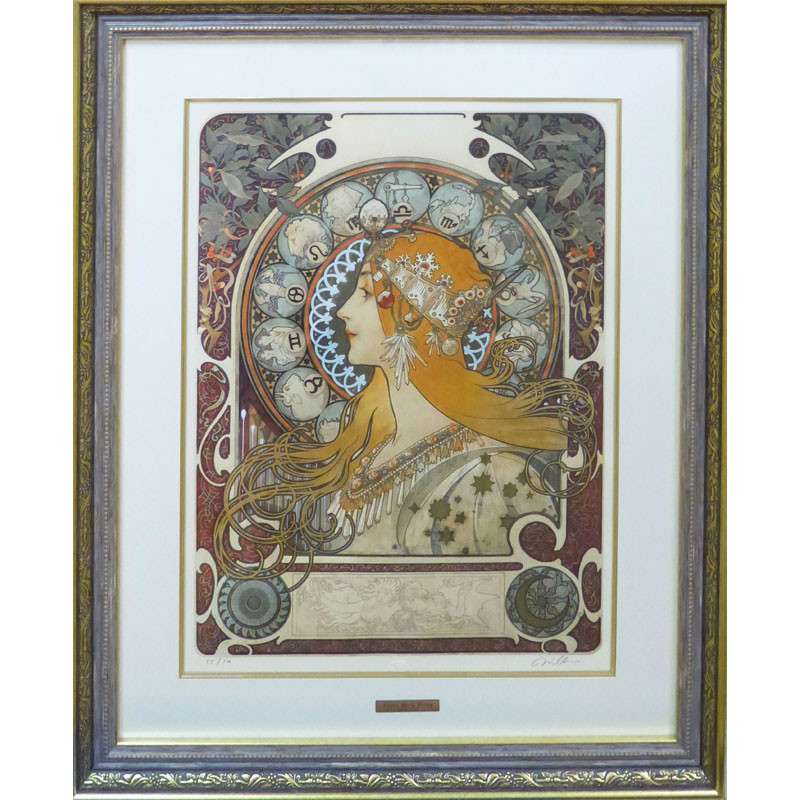 アルフォンス・ミュシャ 羽根ペン リトグラフ 絵画 額縁 大型 美術品