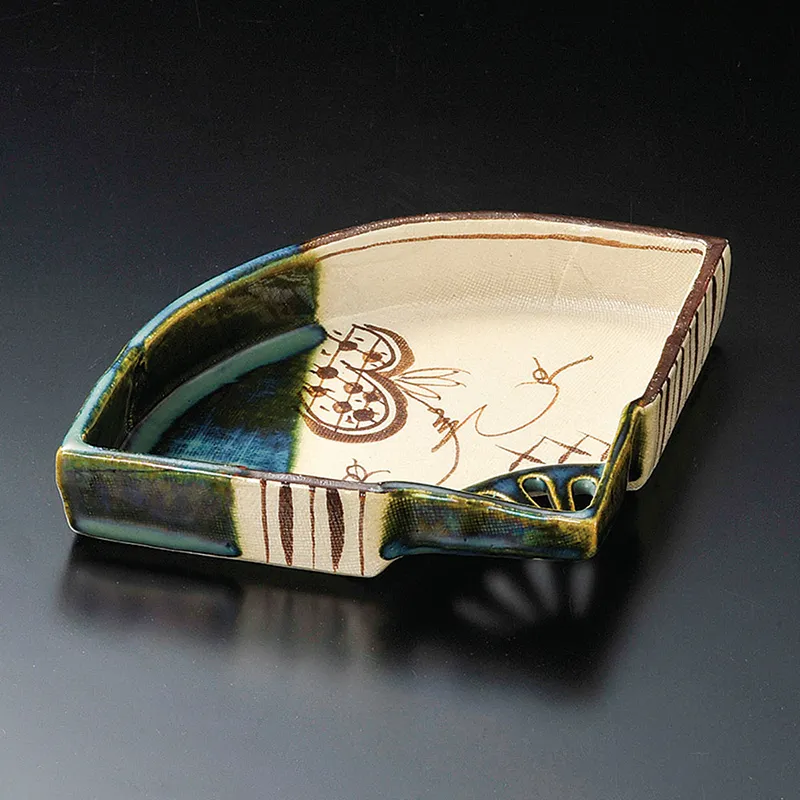 織部焼 唐草面鉢 扇形皿5枚セット 織部焼 唐草面鉢 扇形