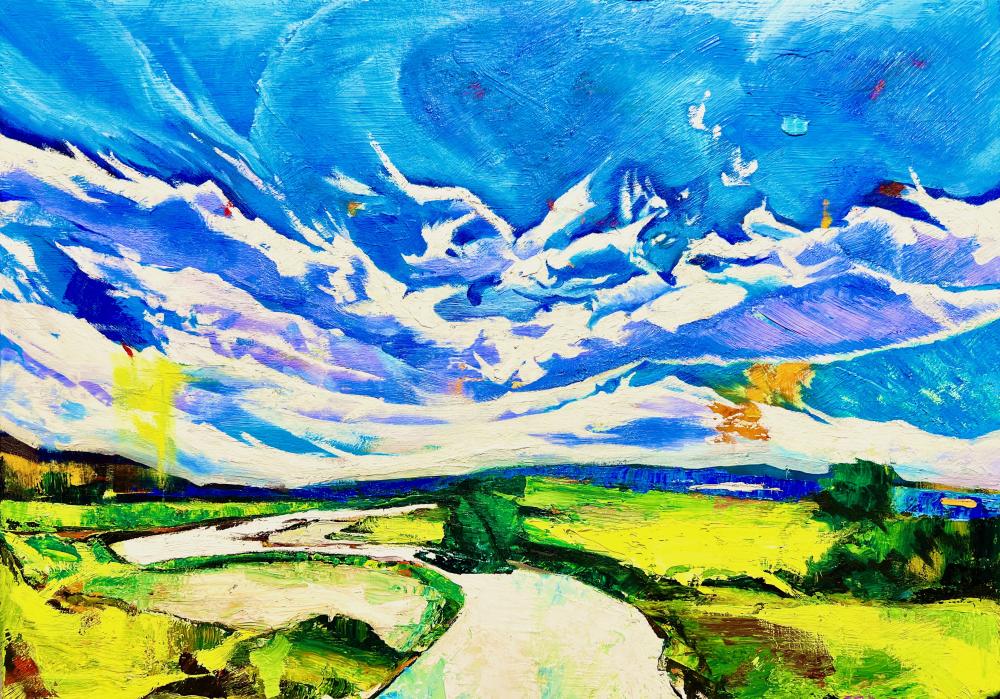 空飛ぶ画家糸川裕志の風景画、小学六年生の油絵、F10号額入り
