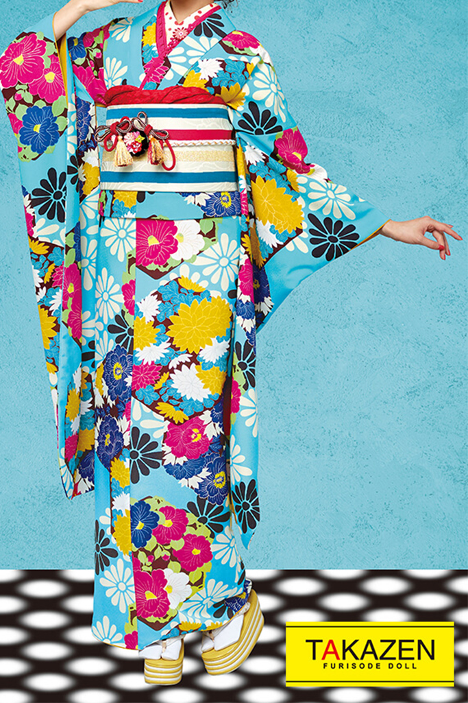 激安レトロポップ 水色/黄/ピンク/カラフル 総柄 個性的振袖 派手