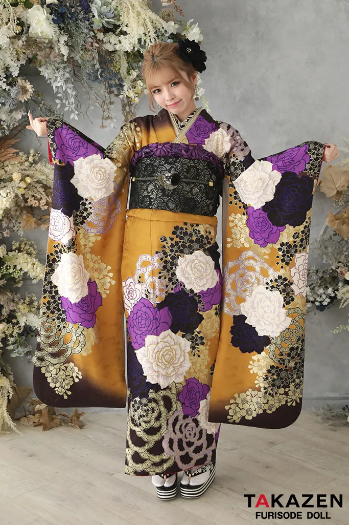 モード からし/紫/黒 薔薇大柄 MURUAブランド 派手 豪華 かっこいい系