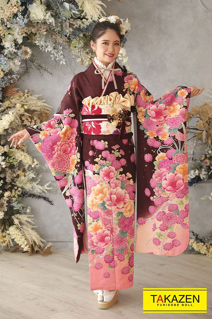 激安正統派古典 ブラウン(茶)/ピンク ボタン柄 上品 かわいい 振袖