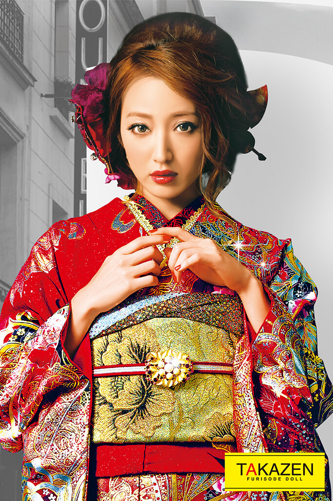 かっこいい 赤/ゴールド(金色) 薔薇柄 モード系 ギャル振袖 目立つ