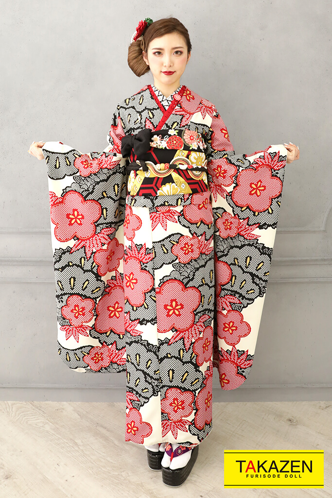 レトロ 白/黒/赤/クリーム 梅柄/絞り風柄 個性派古典柄振袖 モダン