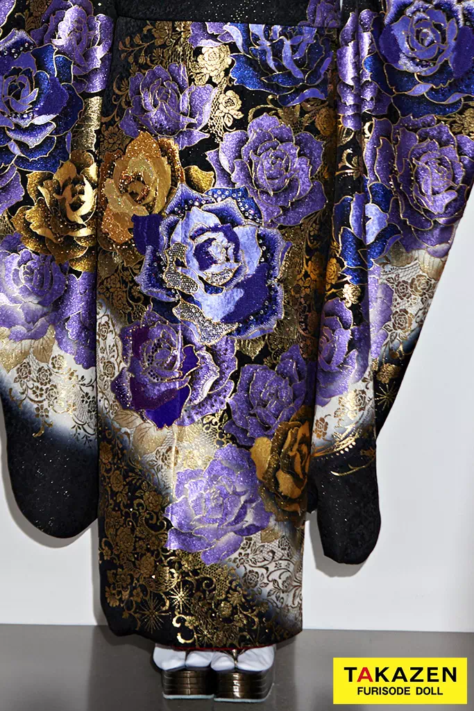 華やか！ 振袖 古典 黄色 薔薇 バラ 蝶 刺繍 金 キラキラ Mサイズ