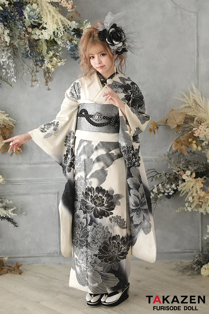 モード 白/黒/シルバー(銀色) 牡丹柄 花魁風 渋い かっこいい系振袖