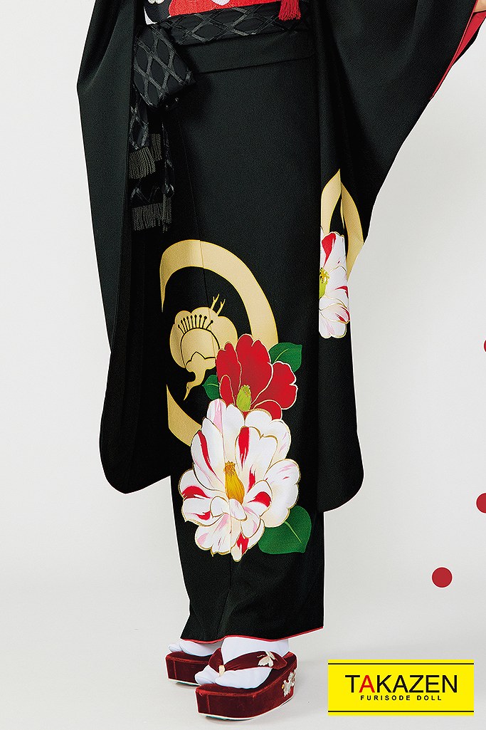レトロ 黒/赤 ボタン柄/大柄/ワンポイント柄 大正ロマン風振袖