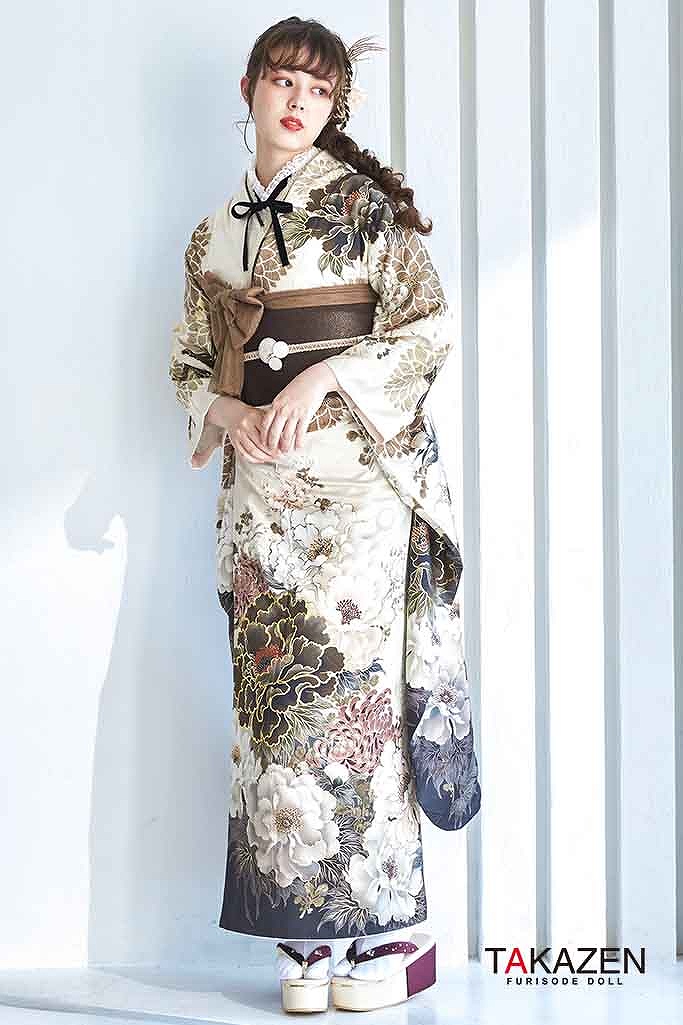 くすみカラーガーリー ベージュ/グレー 古典柄/牡丹柄 大人っぽい 華