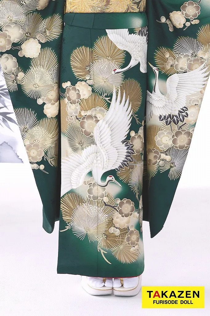 粋古典 緑/金/グリーン 鶴柄/針松柄 金彩京友禅 かっこいい振袖 大人っ