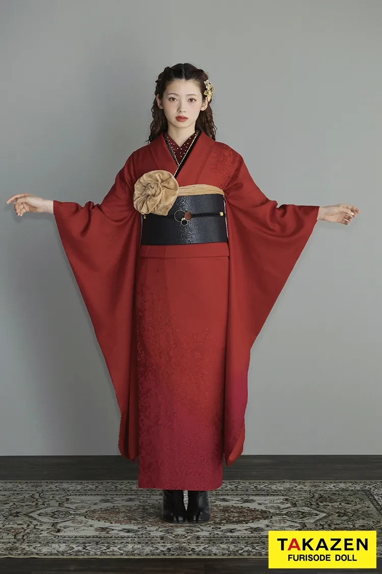 山本寛斎/赤無地桜地紋/比翼仕立て 振袖フルセット m55 成人式 山本