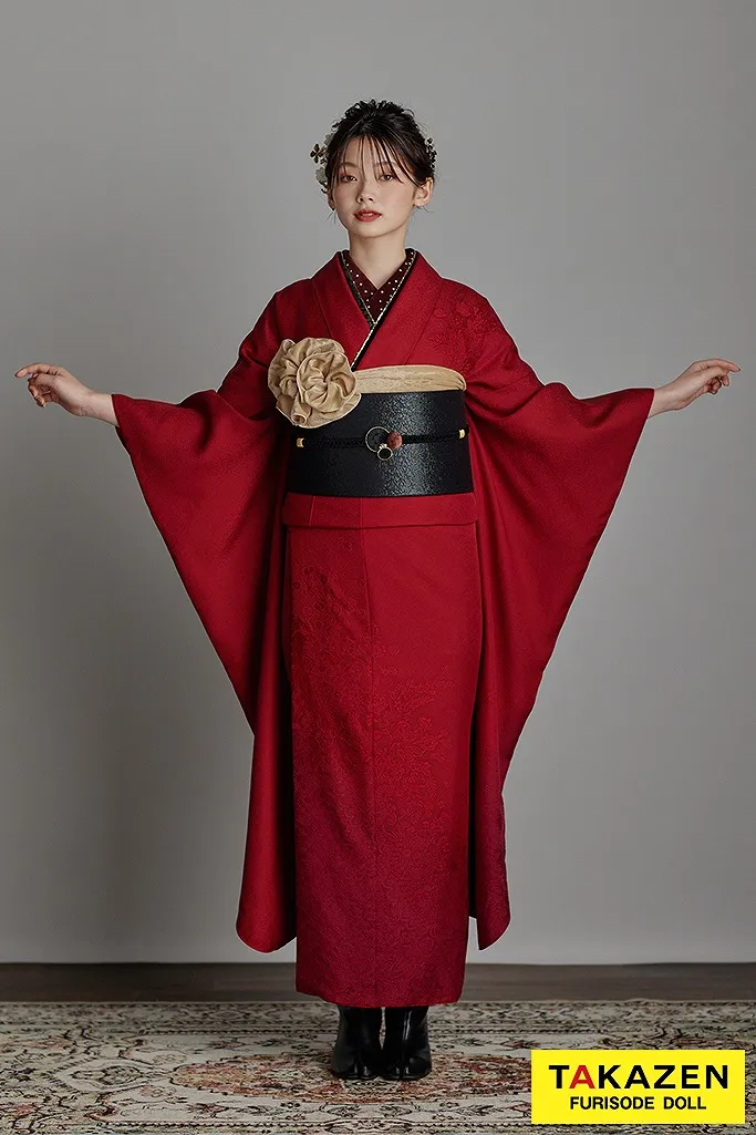 無地□振袖7点セット帯新品丈161.5cm帯締め寛斎フルセット赤成人式FA53