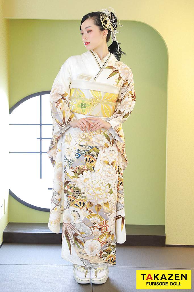 粋古典 白/金/ゴールド 牡丹柄/大柄 シック 大人っぽい振袖 無彩色