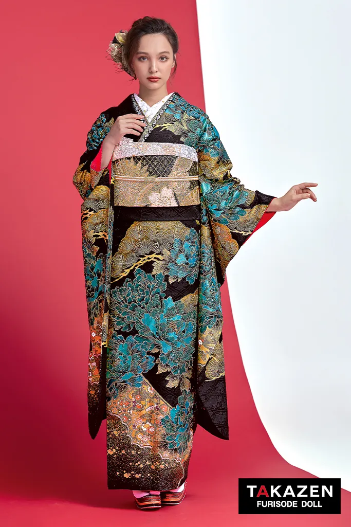 豪華絢爛 振袖フルセット 金×黒 刺繍 豪華絢爛 振袖フルセット 金×