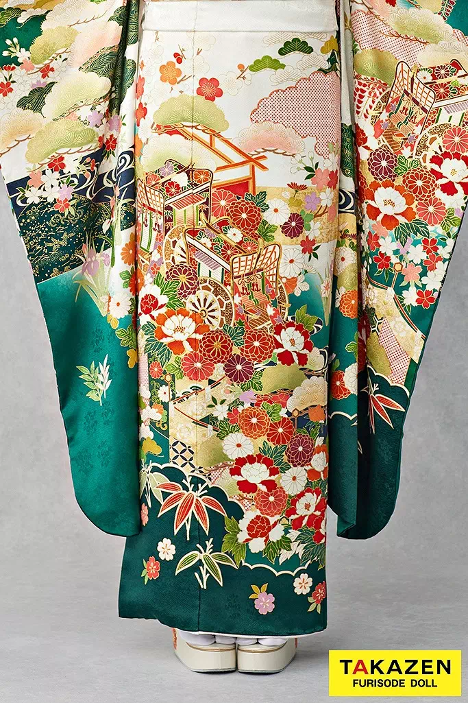 最高級古典柄振袖 吉澤織物/文楽/人間国宝吉田簑助 緑/白 御所車柄