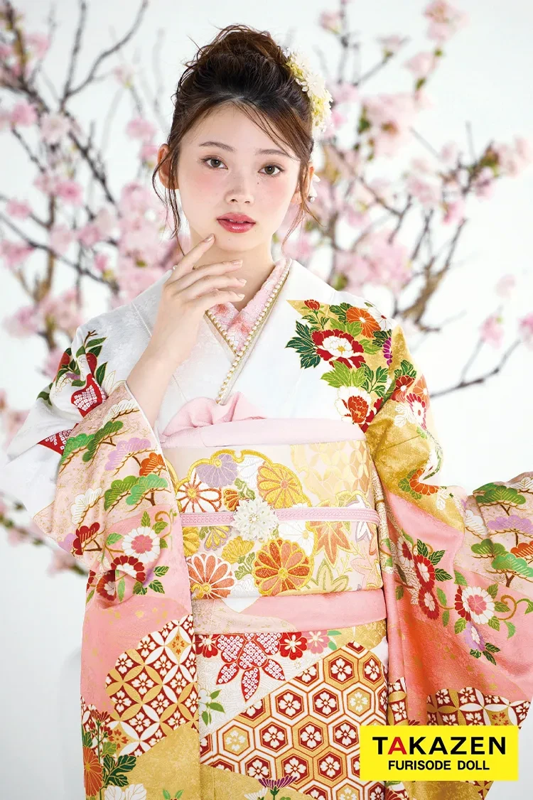 最高級古典柄振袖 吉澤織物/最高級染繍桶絞り友禅 サーモンピンク/白