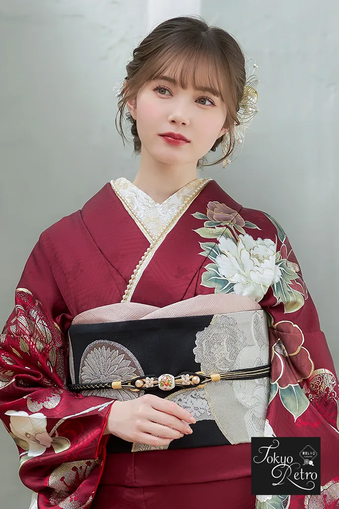 東京レトロ ワインレッド/エンジ 牡丹柄/椿柄 シック 大人っぽい 古典