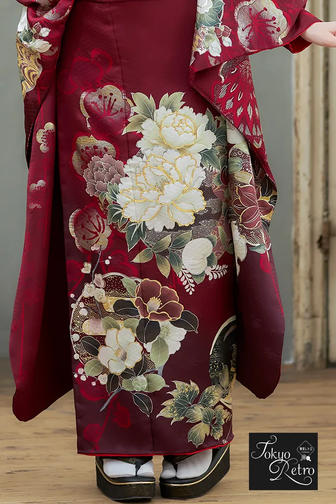 振袖フルセット 赤系 ワインレッドに絞り柄 桜 梅 正絹 成人式 卒業式