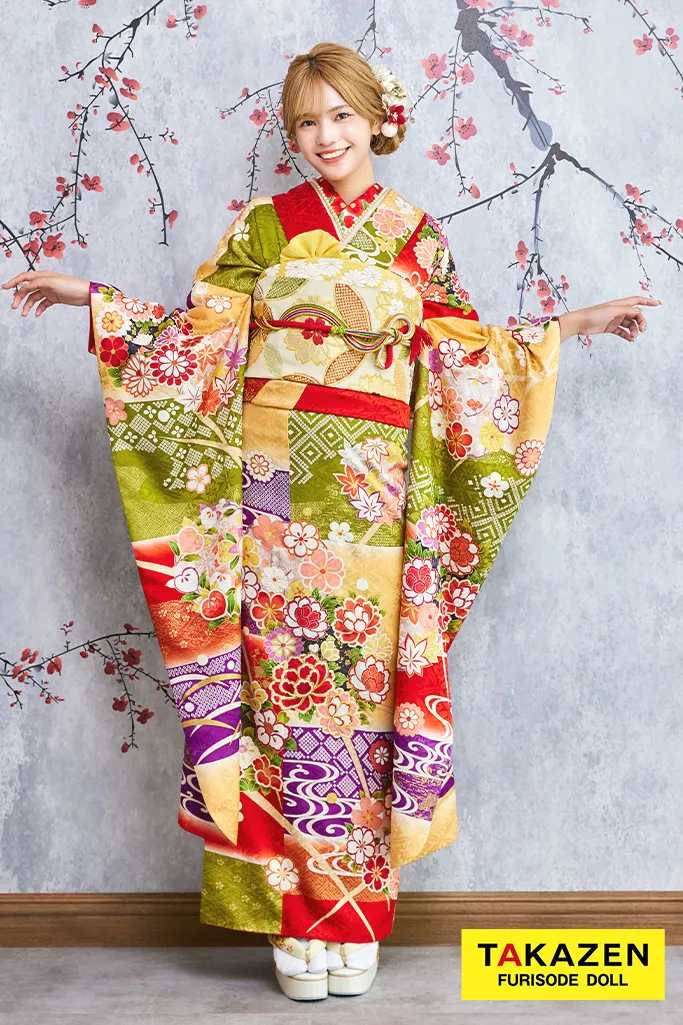 格安正統派古典 緑/赤 受賞柄 牡丹柄 はんなり 上品 おしとやか 高級