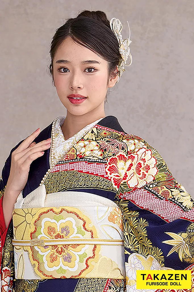 最高級古典柄振袖 滝泰/最高級金彩刺繍絞り友禅 紺色/ネイビー 牡丹柄