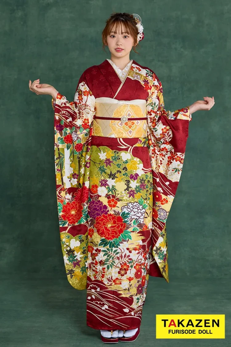 プレミアム古典 青柳/最高級金彩絞り手描友禅 エンジ 牡丹柄 大人っ