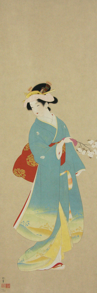 美品 掛け軸 上村松園筆「春信」桜美人 名画 解説付き 美品 掛け軸 上村