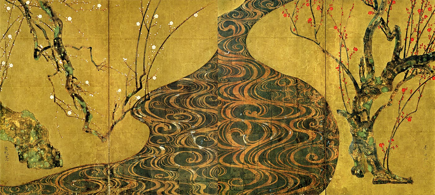 琳派 絹本 紅梅図屏風 梅 屏風 縁起物 日本画 絵画 タペストリー 琳派