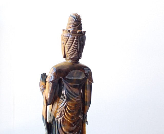 タイガーアイ製 聖観音菩薩立像 ガラスケース 観世音菩薩 高さ約40cm