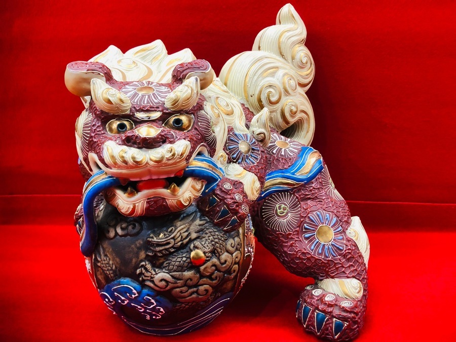 九谷焼色絵金彩 玉乗り唐獅子 置物 玉獅子 狛犬 縁起物 赤唐獅子