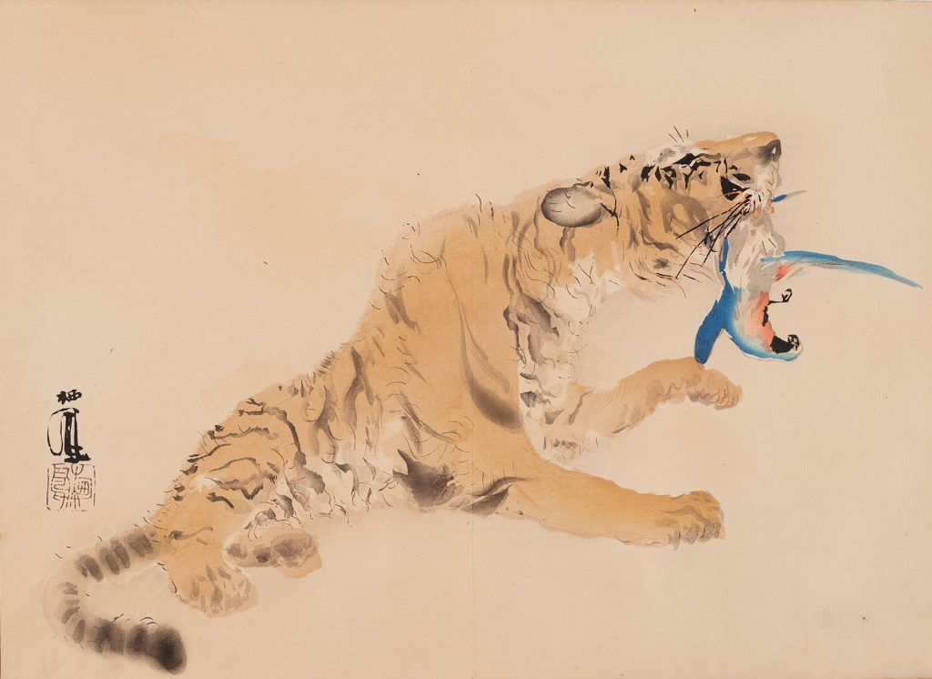 竹内栖鳳 淡彩水墨画【 孟 虎 図 】 絹本掛軸 肉筆画 模写 1 即決品