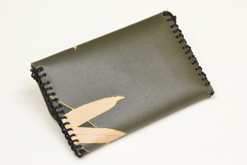 染工房 正茂 |手描友禅 レザー 名刺入れ 笹 灰