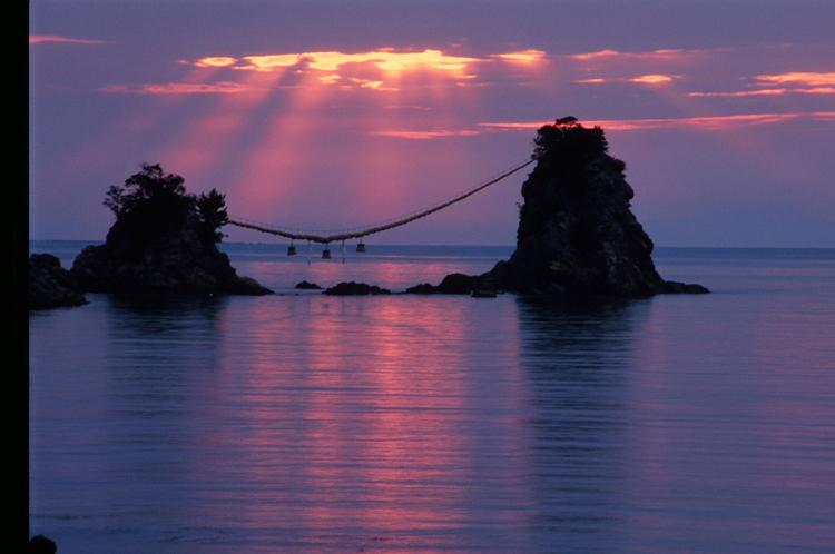 伊勢二見ヶ浦夫婦岩】野村文挙 1014 正月旭 掛け軸 肉筆 伊勢二見ヶ浦