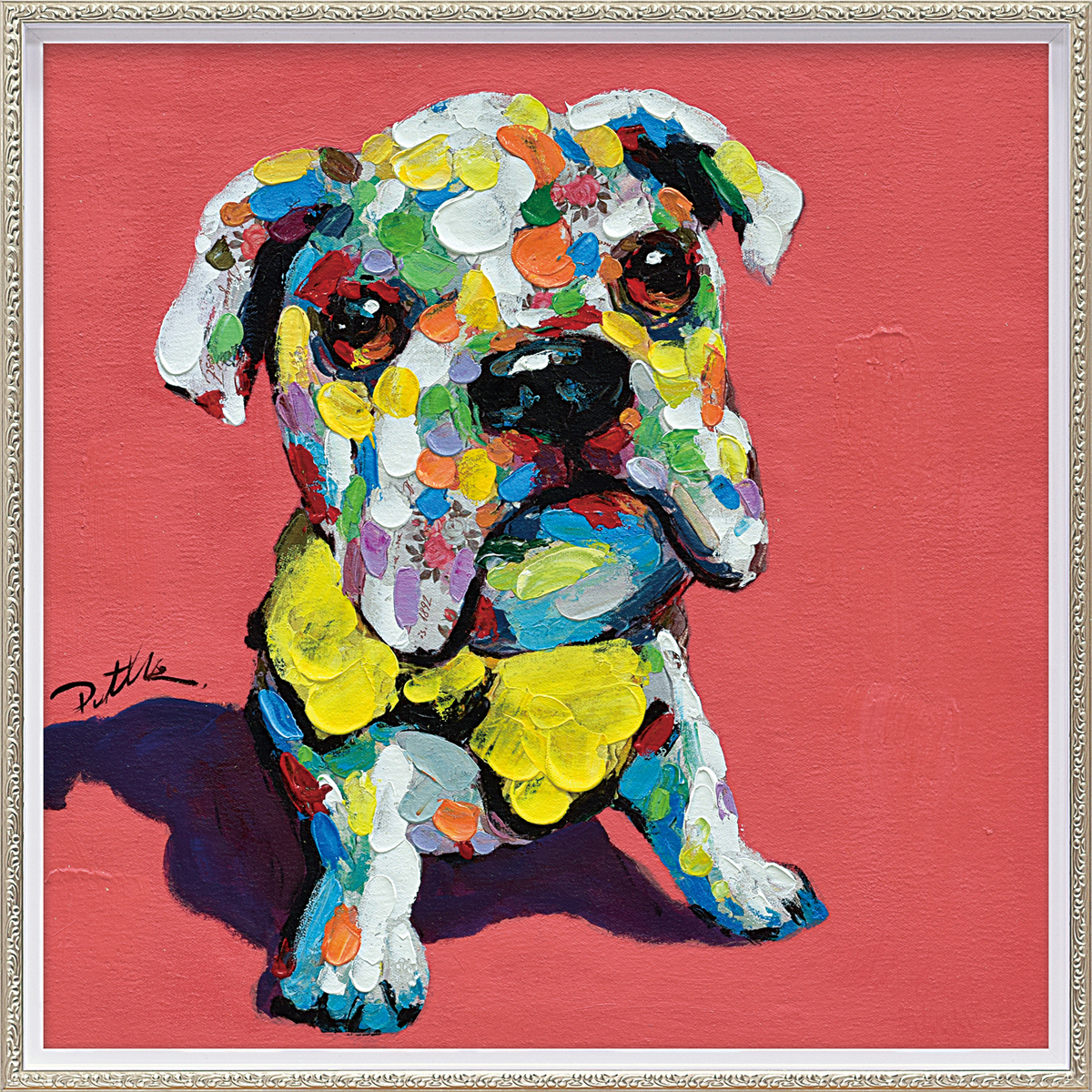 オイルペイントアート「イエロー ボウタイ ドッグ（Mサイズ