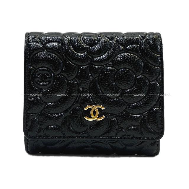 CHANEL シャネル カメリア エンボス 三つ折り コンパクト 財布 黒 グレ