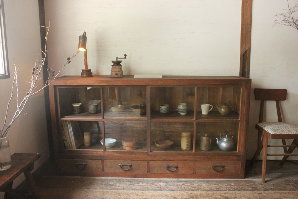 昭和レトロ 木製収納棚 ダイヤガラス 本箱 食器棚 古道具 昭和期