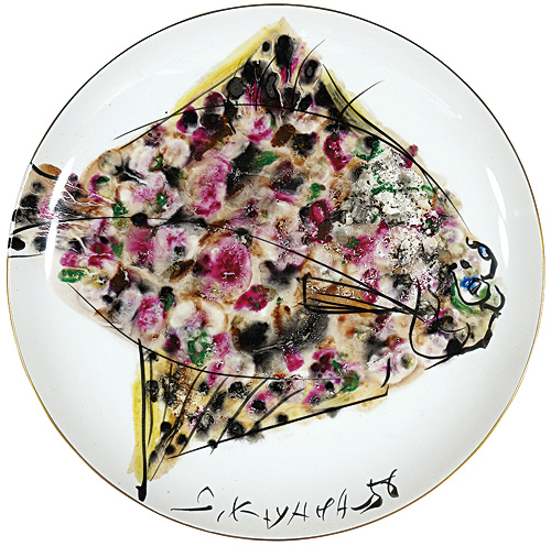 稀少！加山四郎(1900~1972)自筆絵付皿「鰈ほうぼうと鰈の図」供箱入