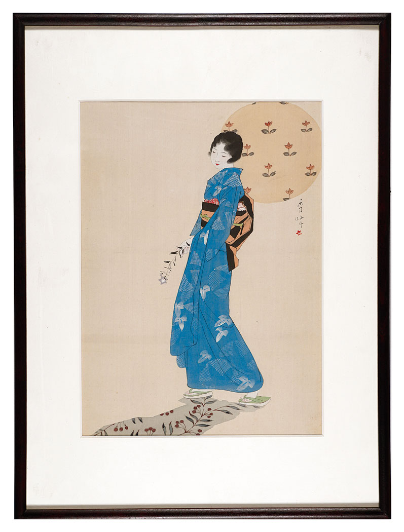 山川秀峰 美人画 肉筆色紙 シミが目立つ 師清方